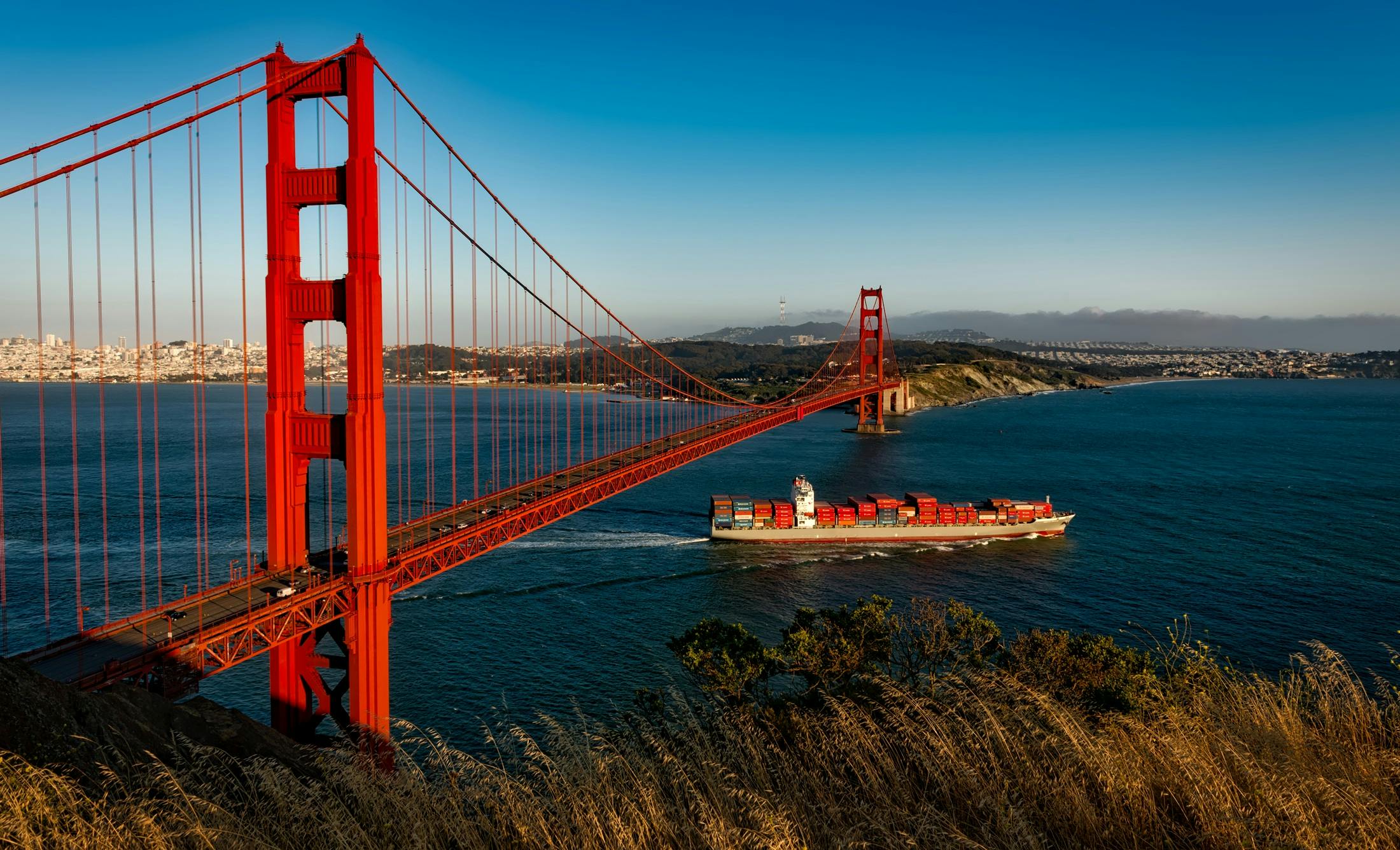 San Francisco Bay is home to both the San Francisco port and the Oakland port, with shipping channels that extend all the way to the state capitol in Sacramento and form a strategically important trade route